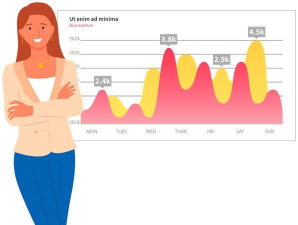 Mulher analisa relatório digital com estatísticas  Ilustração