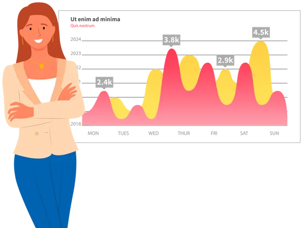 Mulher analisa relatório digital com estatísticas  Ilustração