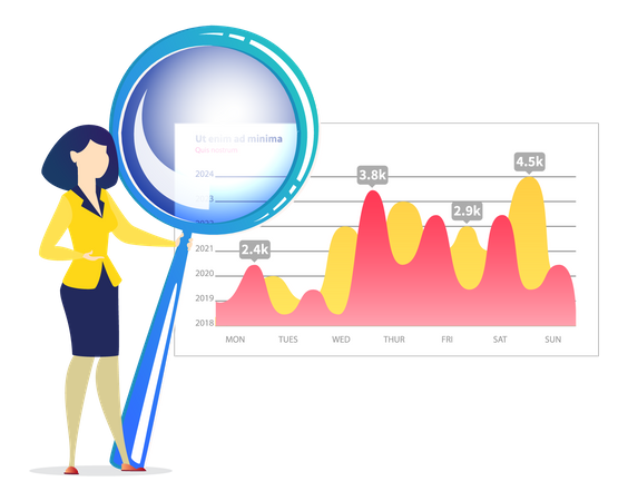 Mulher analisa relatório digital com estatísticas  Ilustração