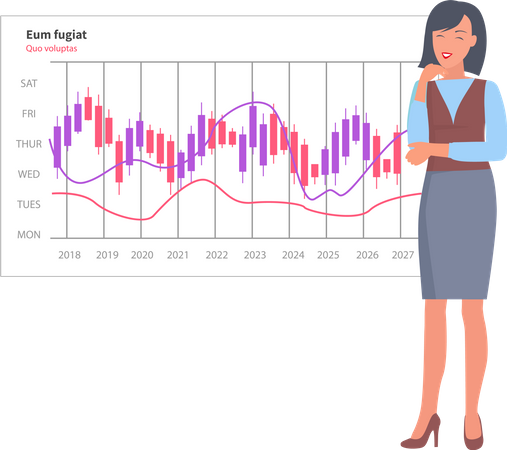 Mulher analisa relatório digital com gráfico de desenvolvimento  Ilustração