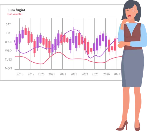 Mulher analisa relatório digital com gráfico de desenvolvimento  Ilustração