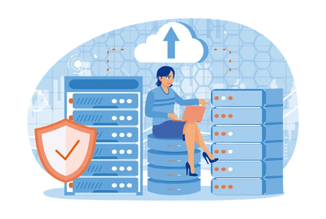 Mulher analisando dados em laptop e armazenando arquivos em data center  Ilustração