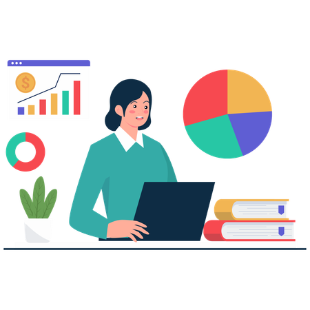 Mulher analisando gráficos financeiros  Ilustração
