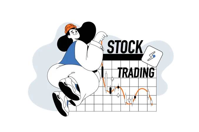 Mulher analisando o mercado de ações  Ilustração