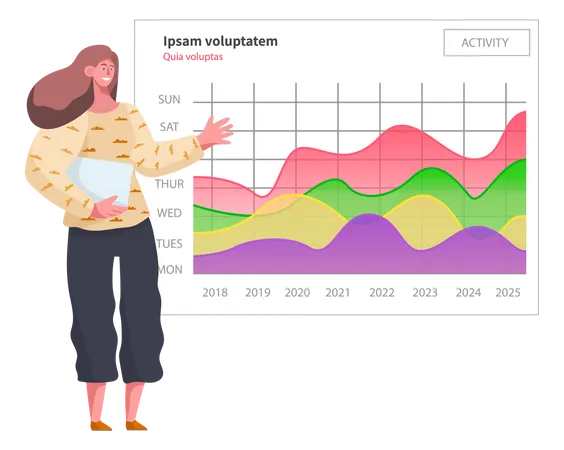 Mulher analisando estatísticas digitais e apresentando dados  Ilustração