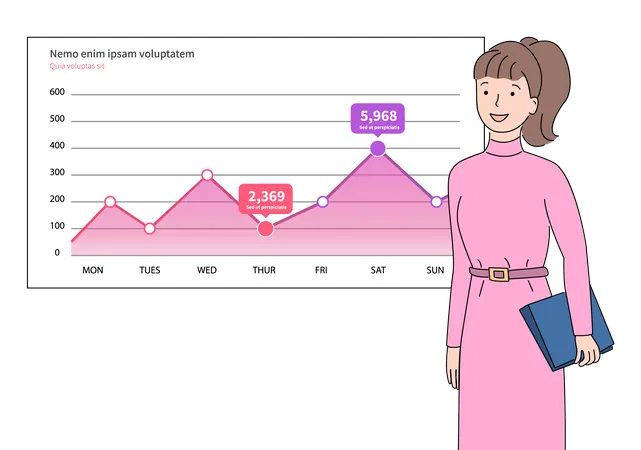 Relatório digital de análise de mulher com indicadores estatísticos  Ilustração