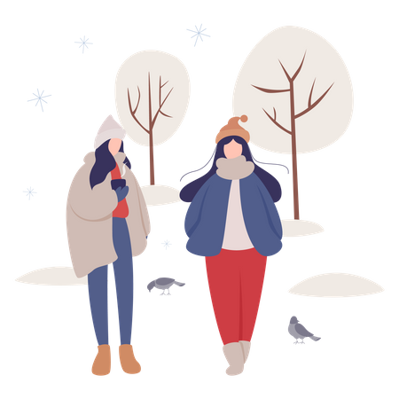 Mulher andando lá fora durante o inverno  Ilustração