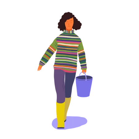 Mulher andando com balde na mão  Ilustração