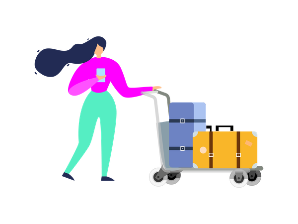 Mulher andando com malas de viagem  Ilustração