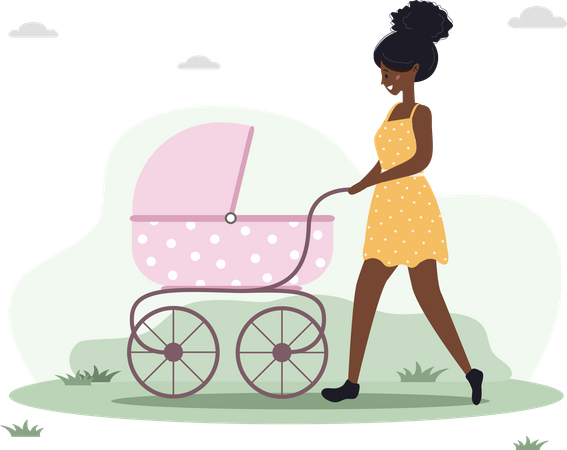 Mulher andando com carrinho de bebê  Ilustração