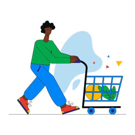 Mulher andando com carrinho de compras  Ilustração