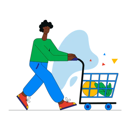 Mulher andando com carrinho de compras  Ilustração