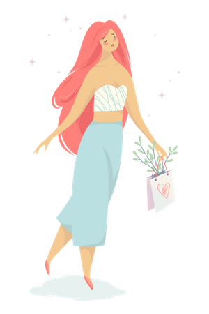 Mulher andando com sacola de compras  Ilustração