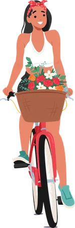 Mulher andando de bicicleta com cesta cheia de flores enquanto aproveita um dia agradável  Illustration