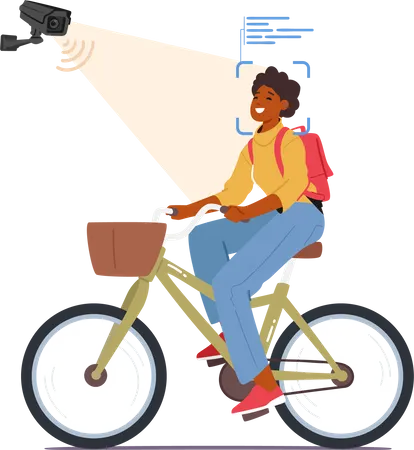 Mulher andando de bicicleta e sistema de reconhecimento facial  Ilustração
