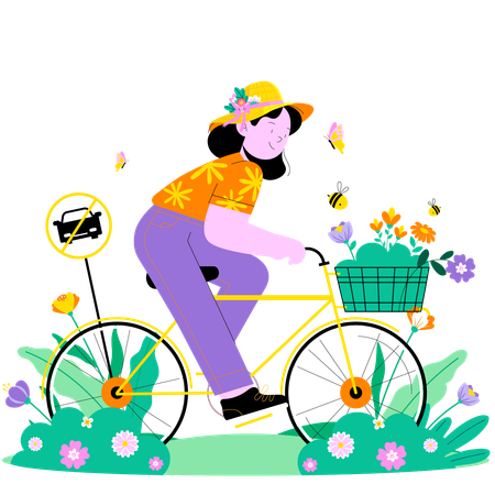 Mulher andando de bicicleta na primavera  Illustration