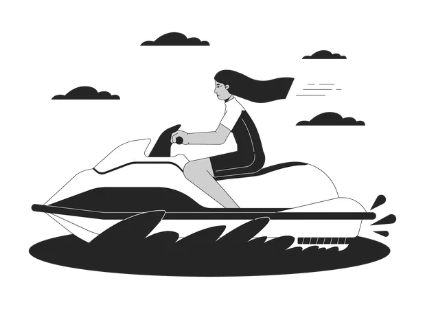 Mulher andando de jet ski aquático  Ilustração