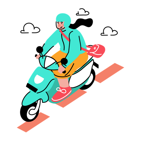 Mulher andando de moto em turnê  Ilustração