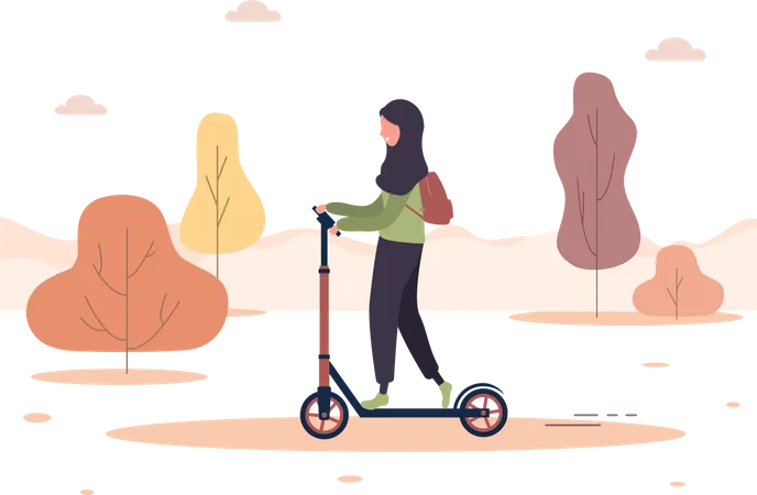Mulher andando de scooter no parque  Ilustração