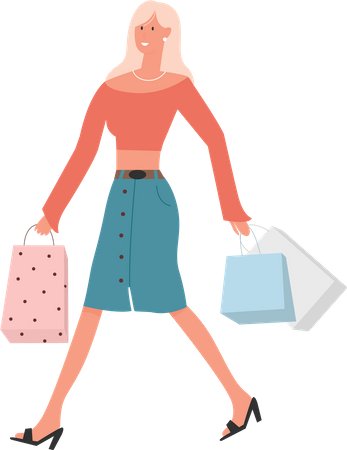 Mulher andando e segurando sacolas de compras  Ilustração
