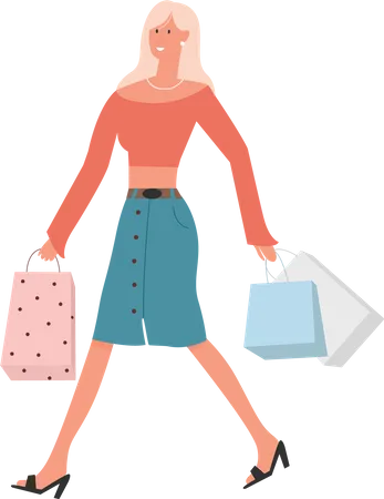 Mulher andando e segurando sacolas de compras  Ilustração