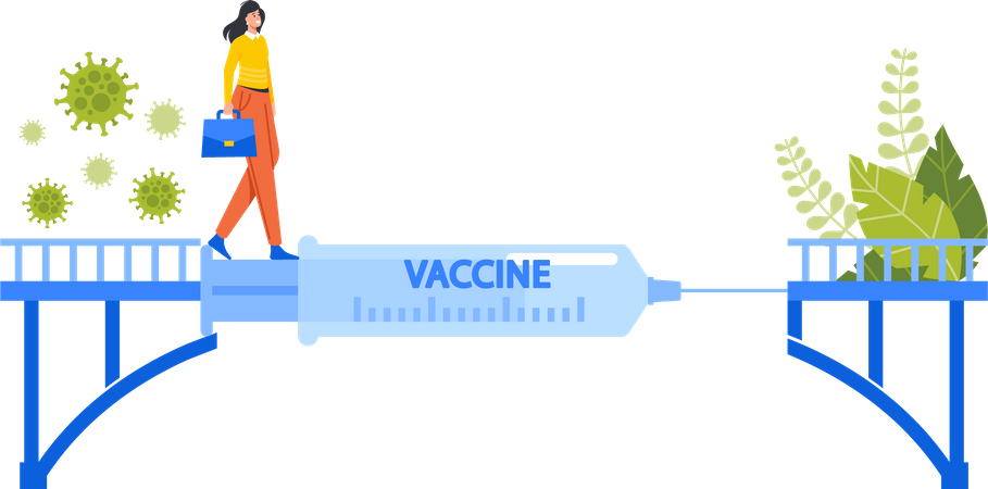 Mulher caminha na ponte com solução de vacina Covid  Ilustração