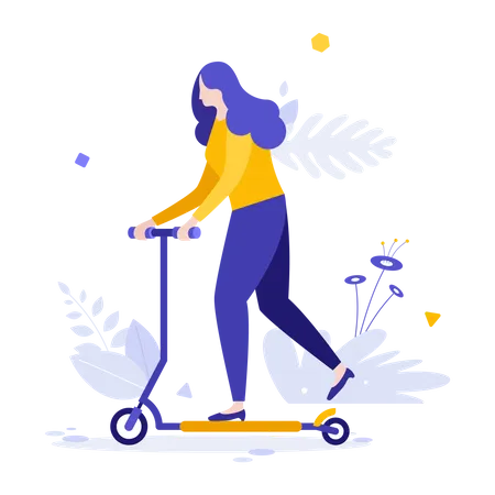 Mulher andando de scooter  Ilustração