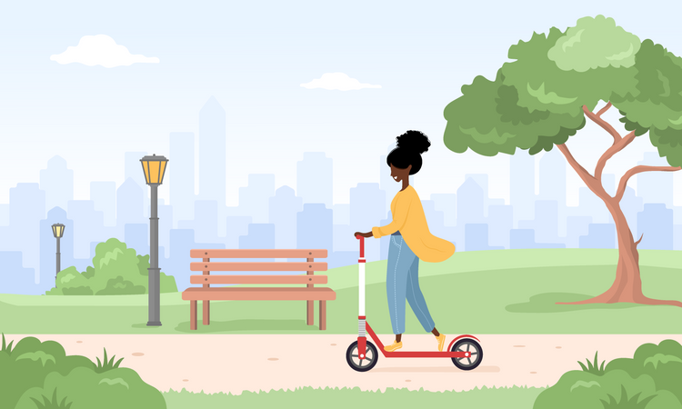 Mulher andando de scooter  Ilustração