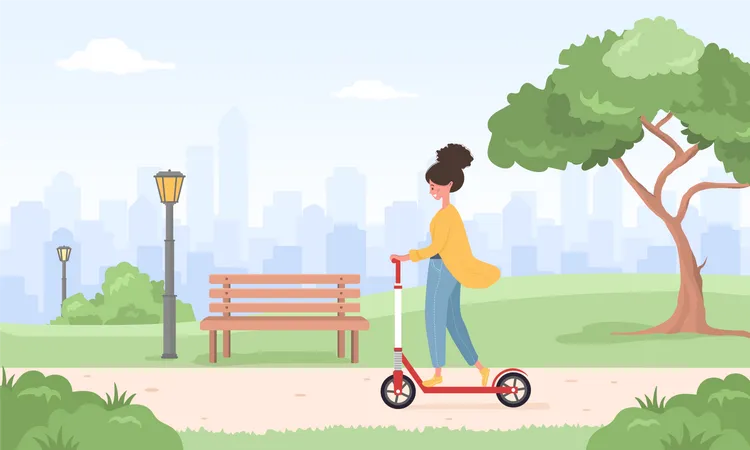 Mulher andando de scooter  Ilustração