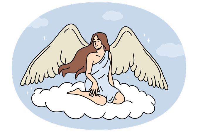Mulher anjo com grandes asas sentada em uma nuvem voadora no céu  Ilustração