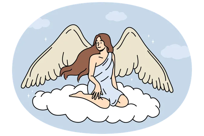 Mulher anjo com grandes asas sentada em uma nuvem voadora no céu  Ilustração