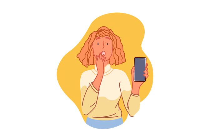 Mulher aterrorizada segurando o celular  Ilustração