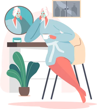 Personagem Feminina Rotina Diaria Banho Relaxante Procedimento De Higiene No Banheiro Jovem Adoravel Mulher Sentada Em Frente Ao Espelho Aplicando Mascara Facial Apos O Banho Ilustra O Vetorial De Desenho Animado Ilustração