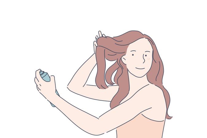 Mulher aplica spray de cabelo  Ilustração