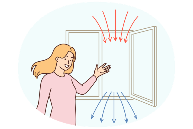 Mulher aponta para janela aberta recomendando arejamento regular do apartamento para recirculação de ar  Ilustração