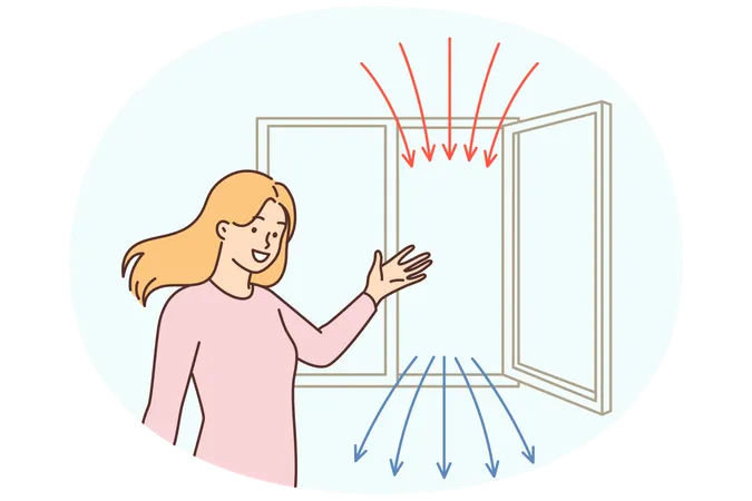 Mulher aponta para janela aberta recomendando arejamento regular do apartamento para recirculação de ar  Ilustração