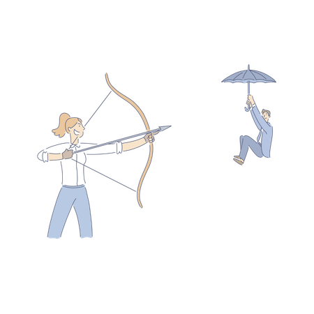 Mulher apontando arco e flecha para colega de trabalho  Ilustração