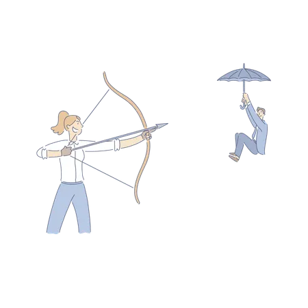 Mulher apontando arco e flecha para colega de trabalho  Ilustração