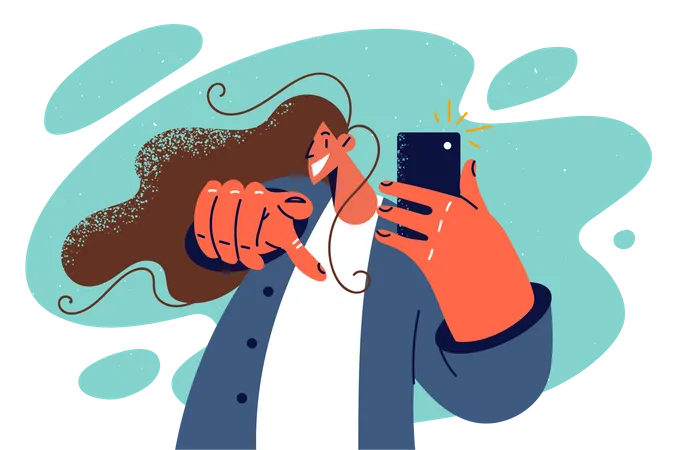 Mulher apontando e usando celular  Ilustração