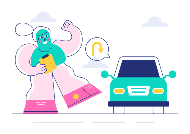 Mulher aprende a dirigir carro novo em escola de direção  Ilustração