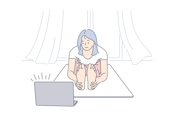 Mulher aprendendo ioga com tutorial on-line  Ilustração
