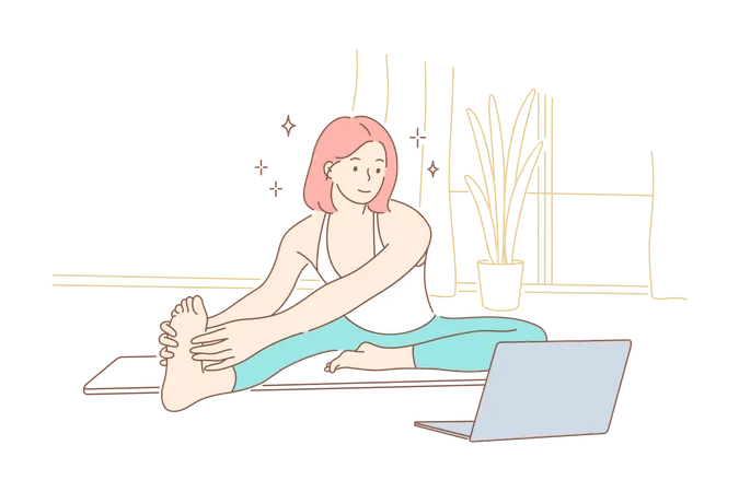 Mulher aprendendo ioga com tutorial on-line  Ilustração