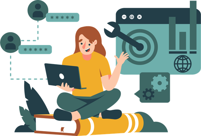 Mulher aprendendo linguagem de programação  일러스트레이션