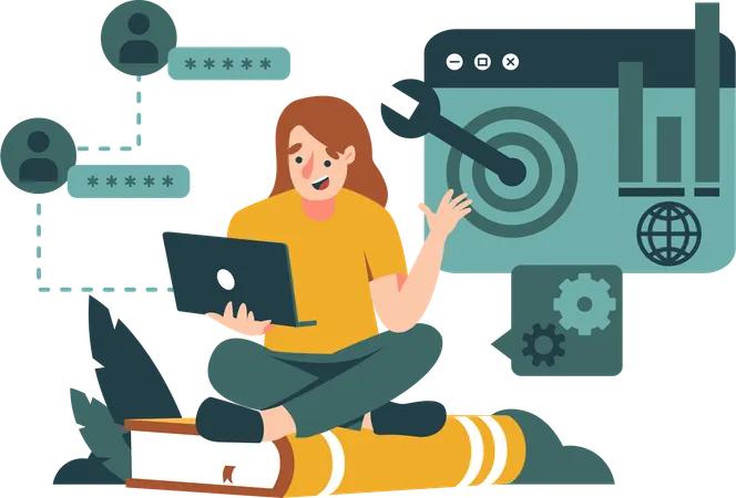 Mulher aprendendo linguagem de programação  일러스트레이션