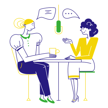 Mulher apresenta seu próprio programa de podcast  Ilustração
