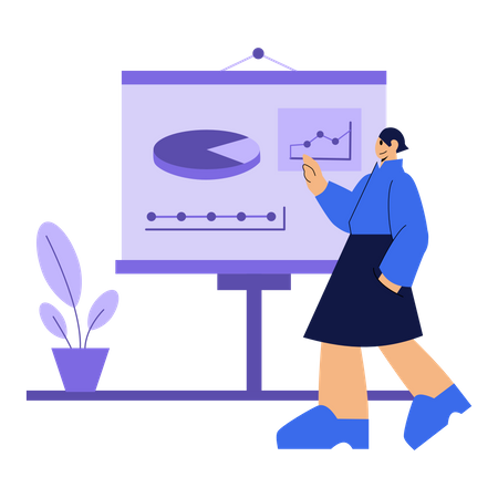 Mulher apresentando e analisando diagrama  Ilustração