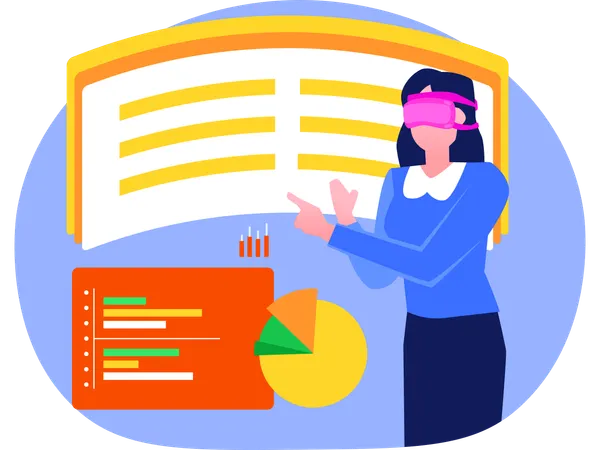 Gráfico de apresentação feminina usando tecnologia VR  Ilustração