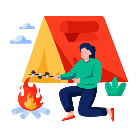 Mulher aproveita a culinária do acampamento  Ilustração
