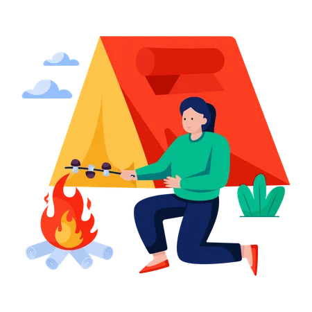 Mulher aproveita a culinária do acampamento  Ilustração