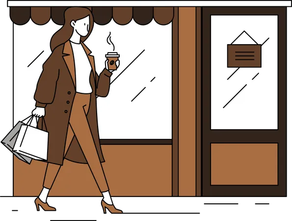 Mulher gosta de fazer compras enquanto toma café  Ilustração